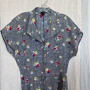 Black Floral Buttondown Blouse with Red, Yellow & Blue Flowers
